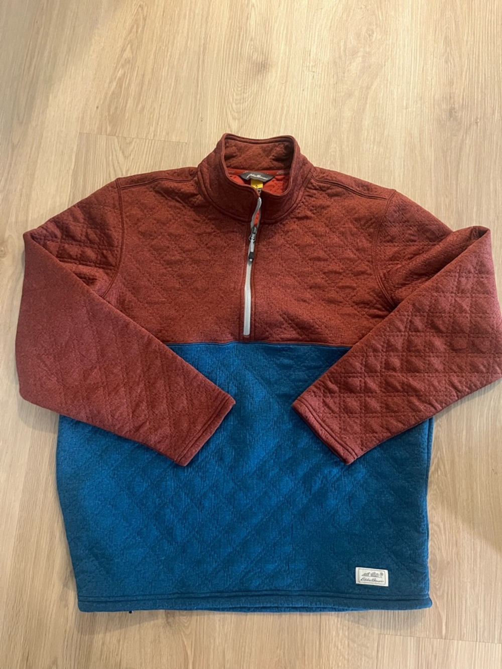 Eddie Bauer Two-Tone Quarter-Zip Fleece Pullover - Rust & Teal Blue